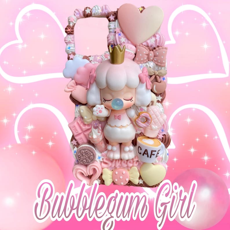 May include: A decorative phone case with a pink and white color scheme. The case features a 3D design with a cartoon girl wearing a crown, surrounded by bows, hearts, and sweets. The text "Bubblegum Girl" is displayed at the bottom.