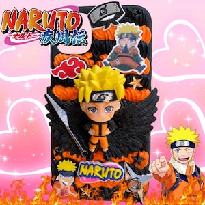May include: A black phone case featuring a Naruto theme. The case has orange and black accents, a Naruto figurine, and the Naruto logo. Additional Naruto character images and a kunai are also included.