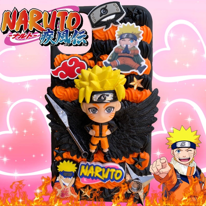 May include: A black phone case featuring a Naruto theme. The case has orange and black accents, a Naruto figurine, and the Naruto logo. Additional Naruto character images and a kunai are also included.