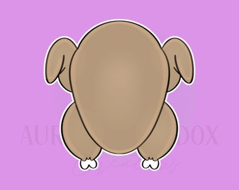 May include: A brown turkey illustration with a white outline, set against a light purple background. The turkey is depicted from above, showcasing its body, wings, and legs. The image is a cartoon-style design, suitable for Thanksgiving or culinary-themed projects.