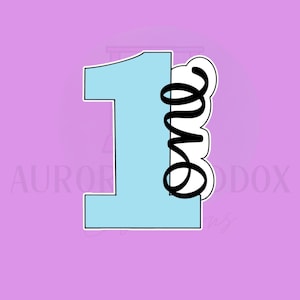 May include: A light blue number one cookie cutter with the word "one" in a black cursive font. The cookie cutter is outlined in white and set against a purple background. The design is for a first birthday.