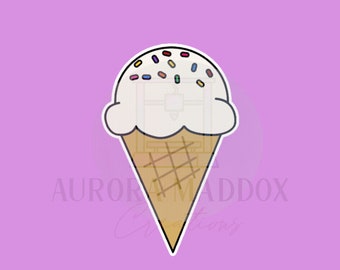May include: A cartoon illustration of an ice cream cone with vanilla ice cream and colorful sprinkles. The cone is light brown with a waffle pattern, and the background is a solid lavender color.