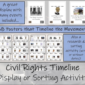 May include: A colourful printable classroom resource for teaching about the Civil Rights Movement. The resource includes 38 posters with dates and images, and a research and sorting activity. The text "38 Posters that Timeline the Movement!" is at the top of the image.