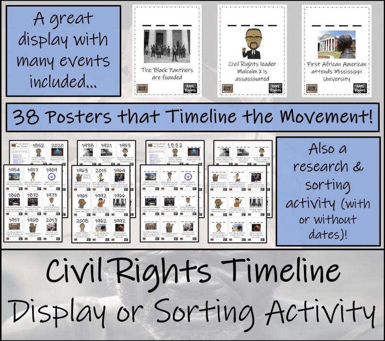 May include: A colourful printable classroom resource for teaching about the Civil Rights Movement. The resource includes 38 posters with dates and images, and a research and sorting activity. The text "38 Posters that Timeline the Movement!" is at the top of the image.