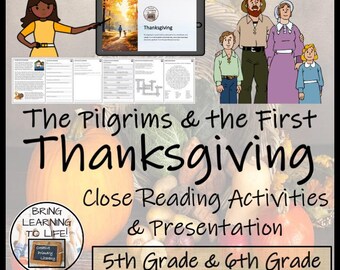First Pilgrims and Thanksgiving Close Reading Comprehension Activities | 5th Grade & 6th Grade