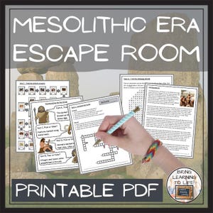 May include: A printable PDF titled "Mesolithic Era Escape Room" with educational worksheets. The image shows a hand holding a pencil over a crossword puzzle. The worksheets cover topics like the Stone Age and include true or false questions.