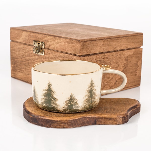 Christmas Gift Handcrafted Ceramic Coffee Mug and Mahogany Wood Coaster Set - Personalized Name Engraved With Laser