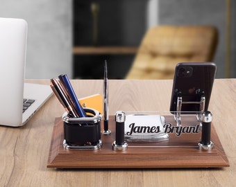 Wood Desk Organizer and Name Sign, Desk Name Plate with Phone Holder Card Holder and Pen, Solid Wood Membrane Coating