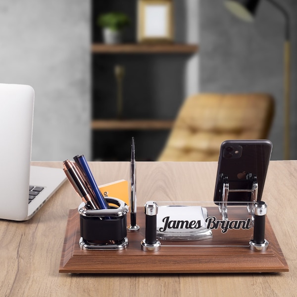 Wood Desk Organizer and Name Sign, Desk Name Plate with Phone Holder Card Holder and Pen, Solid Wood Membrane Coating