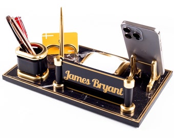 Marmor Design Schreibtisch Namensschild: Holz Büro Organizer mit Handyhalter