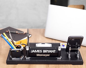 Personalized Black Desk Organizer Name Plate Leather Coating - Includes Pen Holder, Card Holder, and More