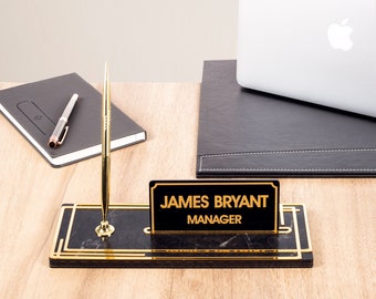 Wooden Desk Nameplate with Pen, Marble Patterned Gold Color Ornate, Personalized Office Gift Wood Table Sign Name Tag
