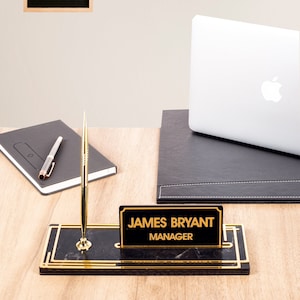 Wooden Desk Nameplate with Pen, Marble Patterned Gold Color Ornate, Personalized Office Gift Wood Table Sign Name Tag