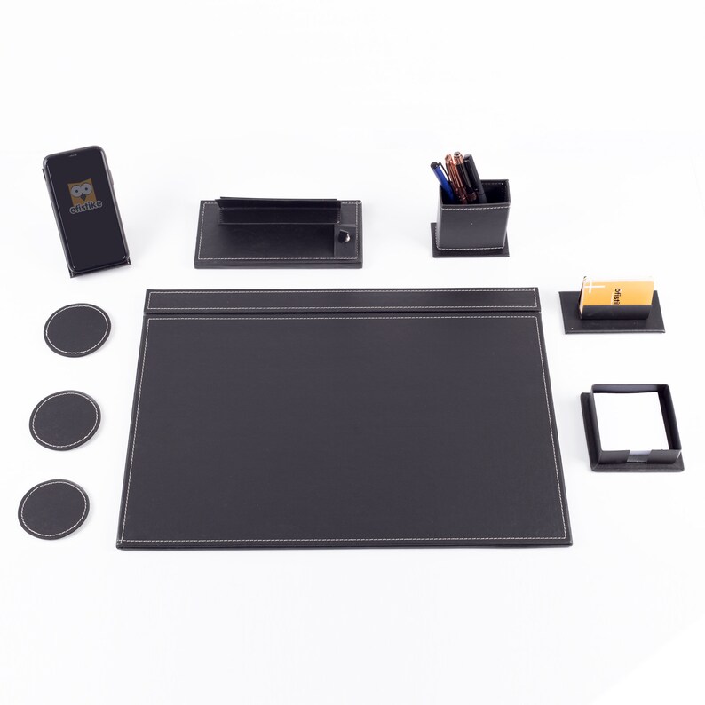 Office Desk Pad With Name Plate, Leather Desk Set Office Desk Organizer