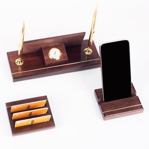 Massief hout en messing bureaunaambordenset, handgemaakt houten naambord, kaarthouder bureauorganizer en telefoonhouder