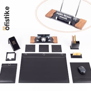 ブラックレザーオフィスデスクセット 9点セット | 高品質人工皮革パッドセット | クリスタル木製ネームプレート