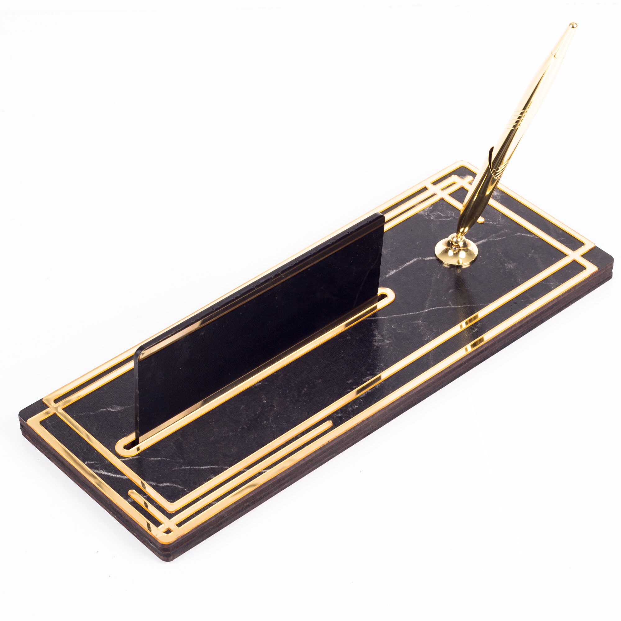 Plaque Porte-Nom Personnalisée Bureau - Support Cartes Doré Bois, Cadeau Collègue Patron