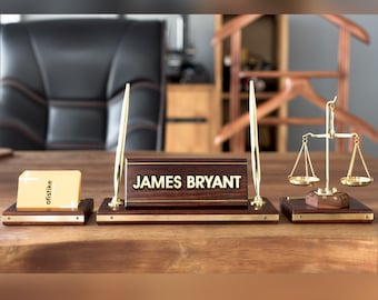 Solid Wood Desk Name Plate Set For Office, Desktop organizer card holder and Scales of Justice for Lawyer, Judge, Lion Gift