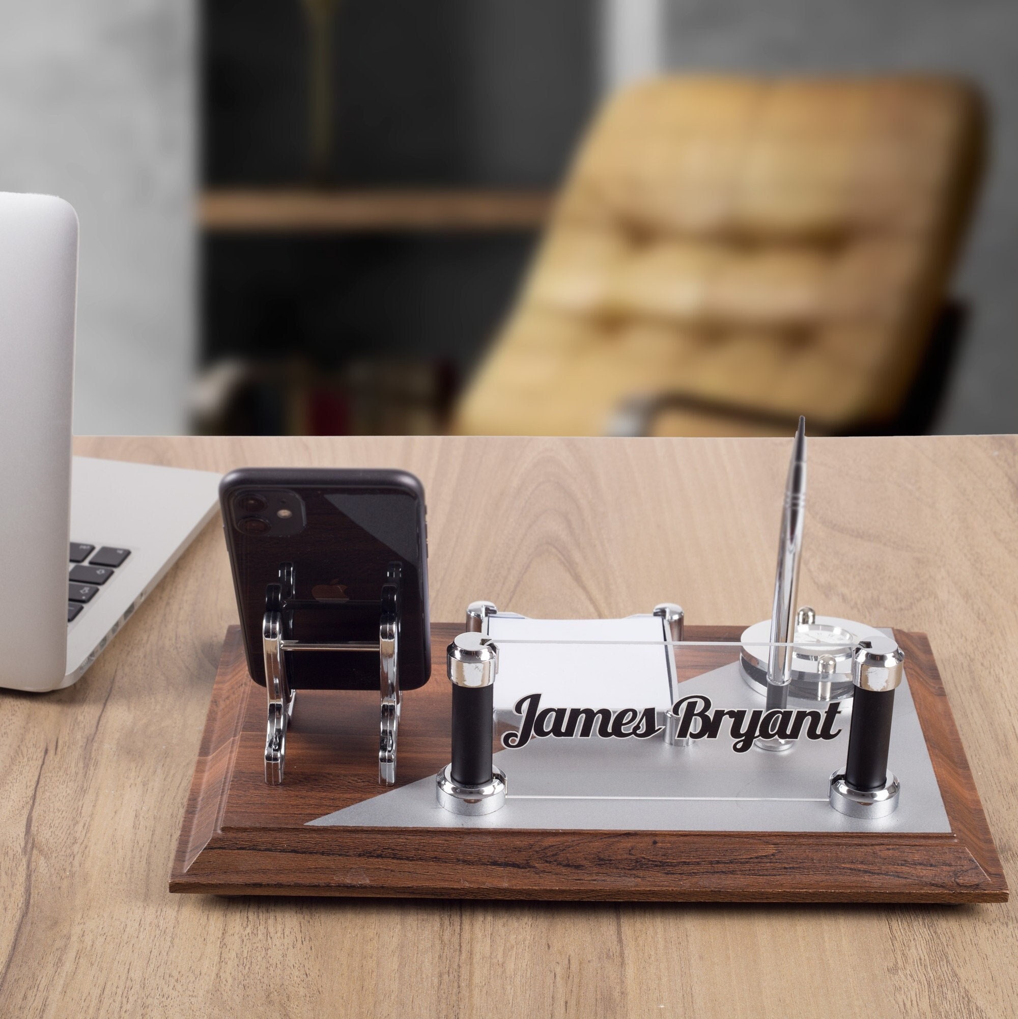 Personalized Wood Desk Organizer: Name Plate, Phone Holder & Pen