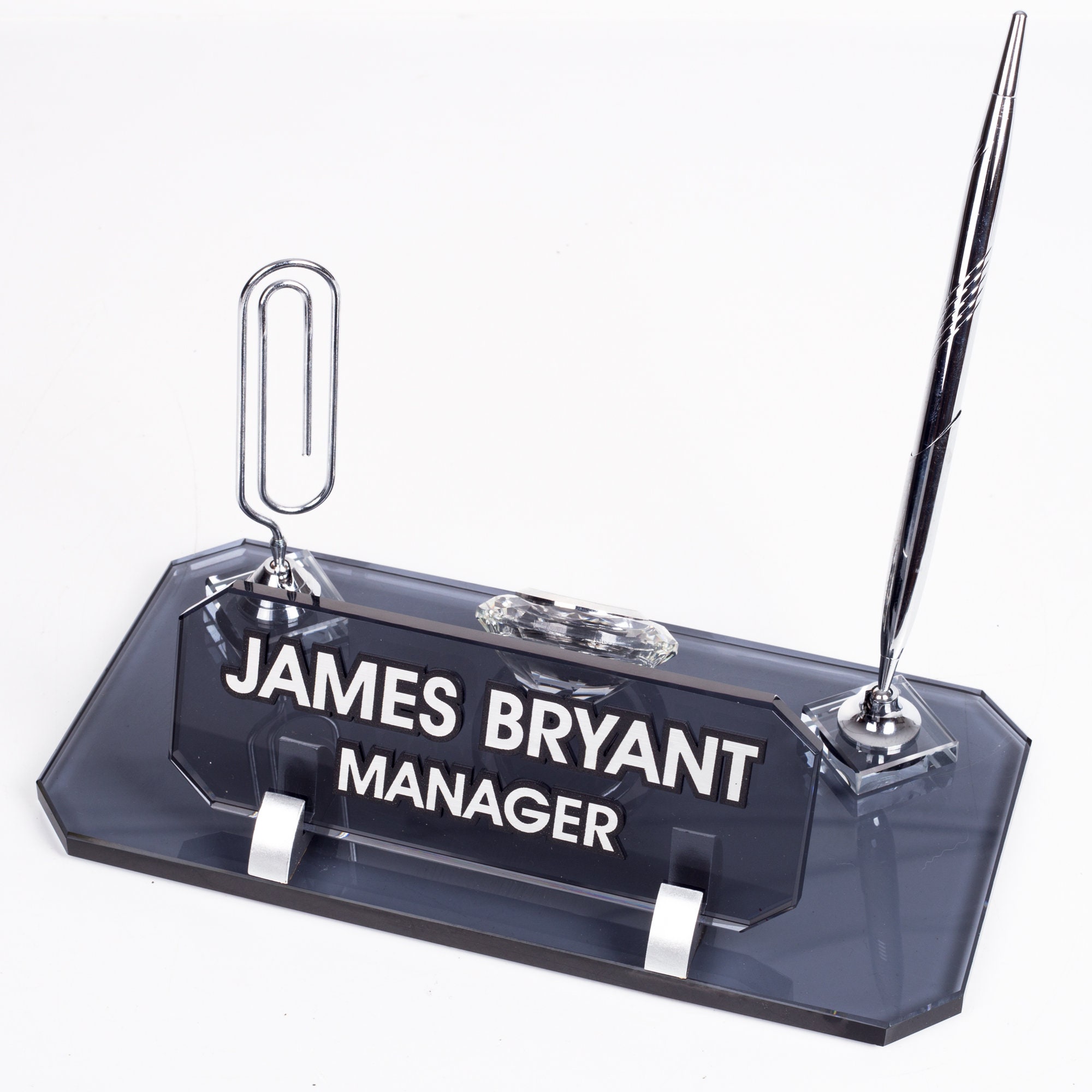 Olympos Crystal Glass Office Name Plate, Office Gift Desk Organizer ...