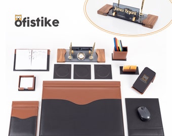 Lux Office Desk Set with Wooden Name Plate, Black Brown Leather Desk Pad Card Holder, Phone Holder, Pen Box, Mousepad Desk Organizer