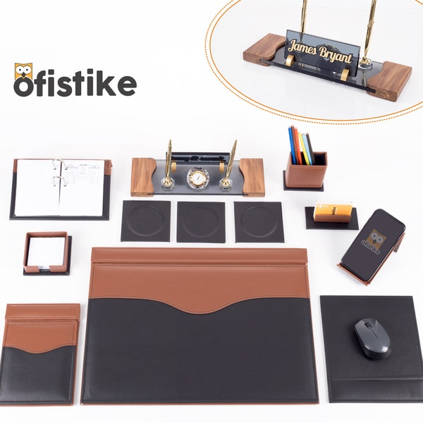 Lux Schreibtisch-Set mit Holz-Namensschild, Schwarz-Braunem Leder Schreibtischunterlage Kartenhalter, Telefonhalter, Stiftbox, Mousepad Schreibtisch-Organizer