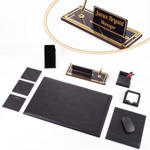 Luxury Black Leather Desk Organizer Set: Personalized Executive Office Decor
