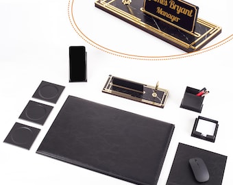 Luxury Black Leather Desk Organizer Set: Personalized Executive Office Decor
