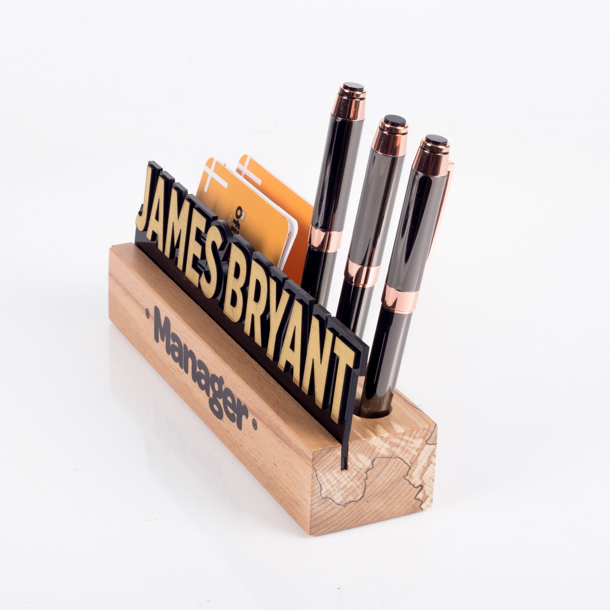Wood Desk Name Plate Pen Holder & Card Holder, Solid Wood Name Sign