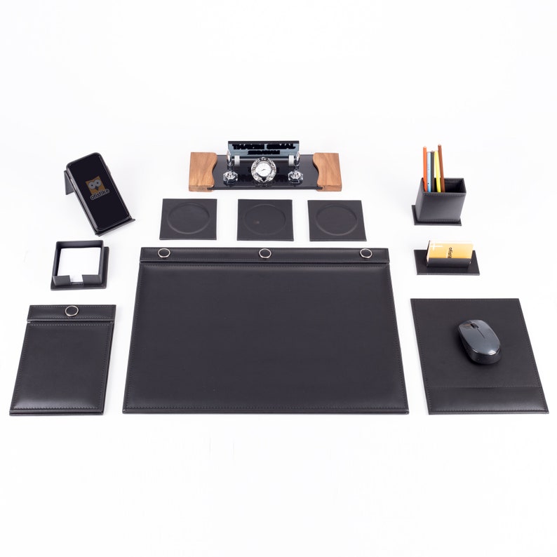 Black Leather Office Desk Set With 9 Pieces High Quality Artificial