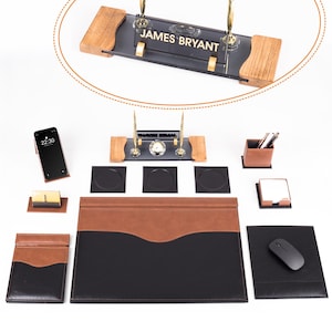 Lux Leather Office Desk Organizer Set with Mahogany Name Plate