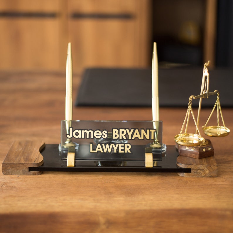 Crystal Wood Desk Name Plate for Lawyers, Personalized Gift for