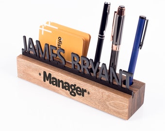 Wood Name Plate / Card Holder and Pen Holder / Solid Name Sign, New Office Lux Gift / Personalized Office Decor for Boss / Gift For New Job