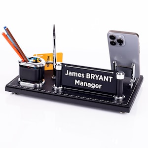 Plaque signalétique de bureau en cuir noir, support pour téléphone pour porte-nom gravé, porte-cartes de bureau personnalisable