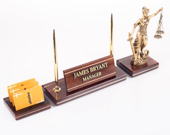 Solid Mahogany Wood Desk Name Plate Set For Lawyer Office, Desk organizer and Scales of Justice, Judge Gift