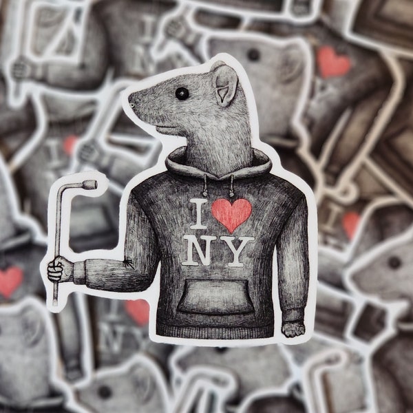 NYC Rat in an I Love NY Hoodie Holding a Tire Iron Sticker, Humanoid Animal Stickers, NYC Critters Sticker, Glossy Vinyl Horror Sticker