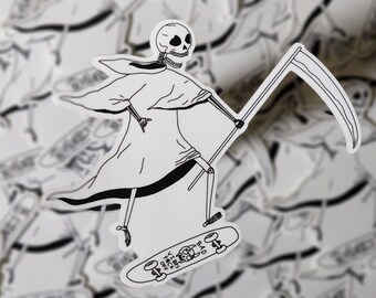 Grim Reaper Skateboard Sticker: Witty Dark Humor, Laptop Decal