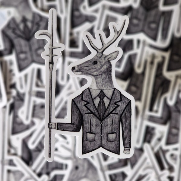 Fairy Tale Deer in a Suit Holding a Billhook Pole arm Sticker, Humanoid Animal Sticker, Forest Creature Sticker, Glossy Vinyl Horror Sticker