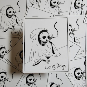 Lange dagen glanzend vinyl sticker, grim reaper kunst sticker, laptop sticker, dagboek decor, geestige donkere humor sticker, schedel sticker
