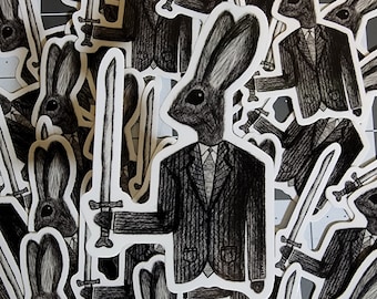 Fairy Tale Rabbit In a Suit Holding a Sword Sticker, Laptop Sticker, Glossy Vinyl Sticker, Dark Humanoid Art Sticker, Journal Decor