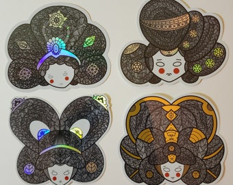 Medieval Korean Queen Inspired Holographic Glossy Vinyl Sticker Set of 4, Asian Art Stickers, Large Stickers, Journal Decor