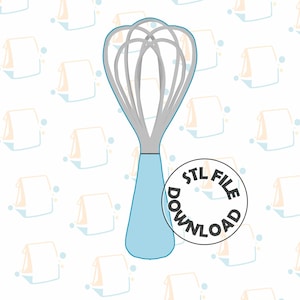 Puede incluir: Un modelo 3D imprimible de un batidor de alambre con un mango azul. La imagen incluye el texto "STL FILE DOWNLOAD".