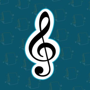 May include: A black treble clef symbol with a white outline, set against a teal background with a repeating pattern of small, stylized sailboats. The musical note is a classic representation of music and musical arts.