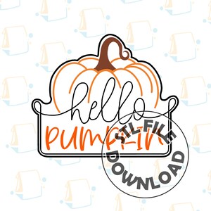 May include: A black and orange SVG cut file design featuring a pumpkin with the text "hello pumpkin" in a banner.