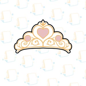 May include: A gold-colored tiara with a black outline, featuring a pink heart in the center and pink circular accents. The design includes decorative swirls and a curved base, suggesting a princess or fairy tale theme.