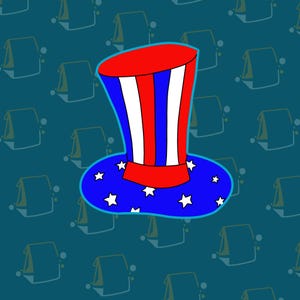 May include: A top hat illustration featuring a tall cylindrical crown with vertical red, white, and blue stripes. The wide brim is solid blue and decorated with multiple white five-pointed stars, all outlined in a bright cyan border.