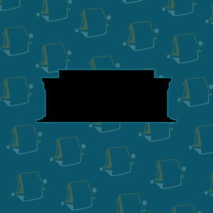 May include: A solid black silhouette of a rectangular building with a flat roof and stepped base, centred against a teal background featuring a repeating pattern of small, stylised green and white paper bag icons with circular accents.
