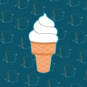 Puede incluir: Ilustración de dibujos animados de un cono de helado con un remolino de helado blanco. El cono es de color naranja claro con un patrón de gofres. El fondo es de color verde azulado con un patrón repetido de bolsas de almuerzo.