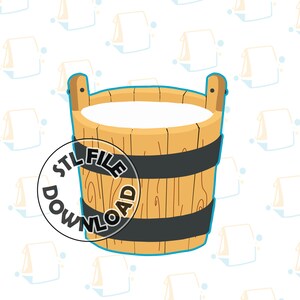 May include: A wooden bucket with a black rim and two black bands around the middle. The bucket is filled with white liquid and is sitting on a white background with a pattern of blue and yellow squares.