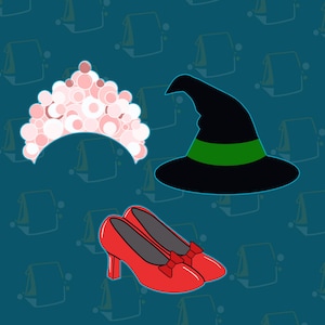 Puede incluir: Ilustración de una tiara rosa, un sombrero de bruja negro con una banda verde y zapatos de tacón rojos con lazos. Los elementos están colocados sobre un fondo verde azulado con un patrón blanco repetido.